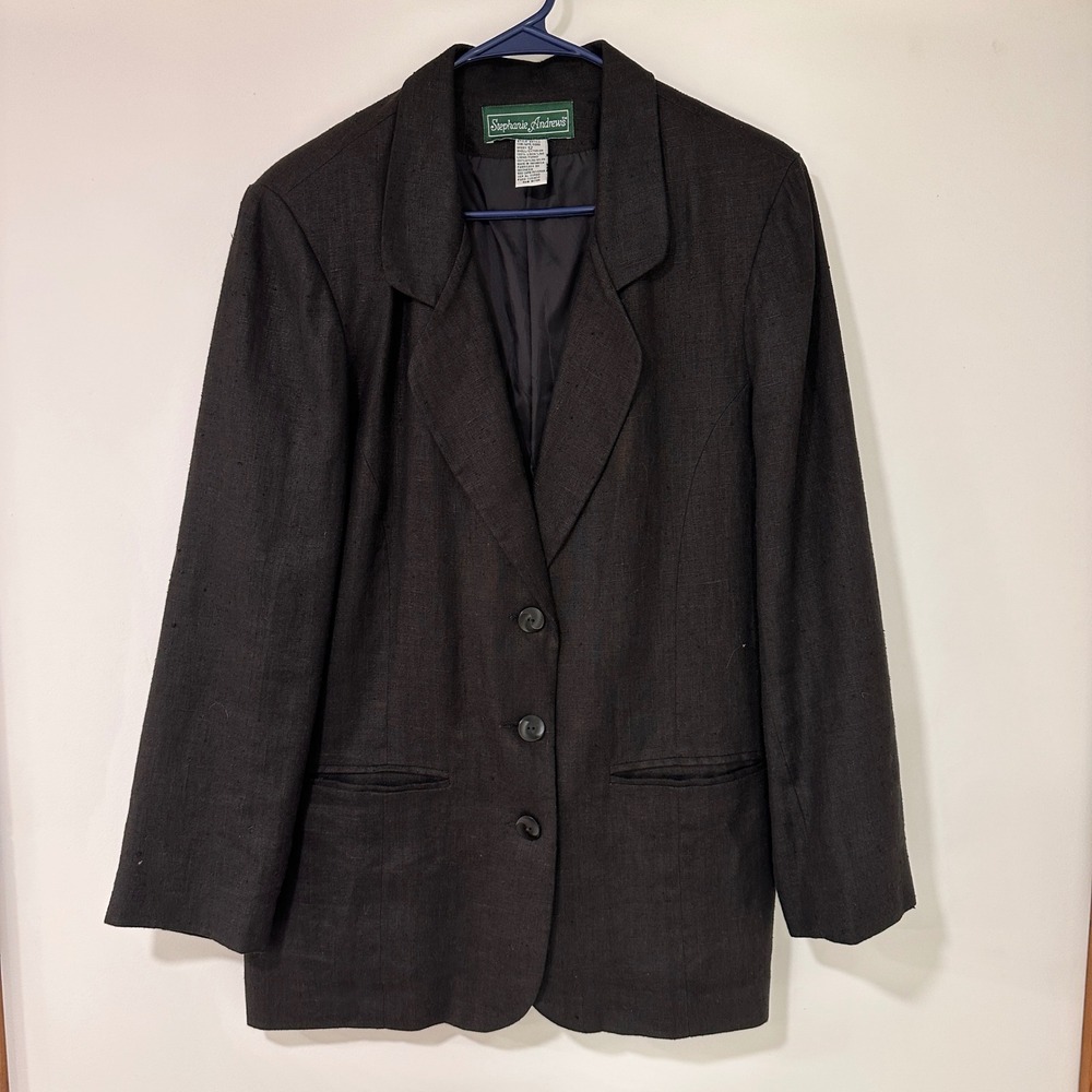 Vintage Stephanie Andrews Linen Blazer Womens Size 12 Black 3-Button Minimalist